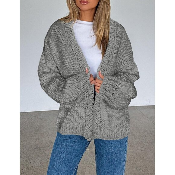 Womens Trendy Cardigan Sweaters Light Grey Long Sleeve Chunky Knit Outfits - Picture 8 of 8